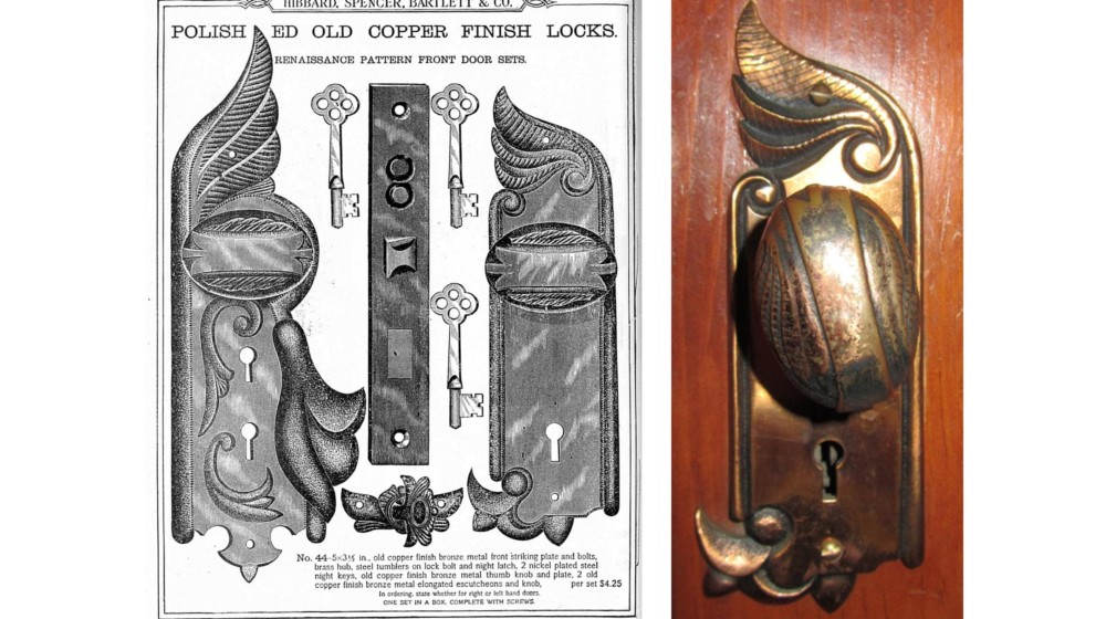 Image of a Rosson House doorknob alongside an image from the 1893 Hibbard, Spencer, Bartlett & Co. catalog where the doorknobs were originally ordered.
