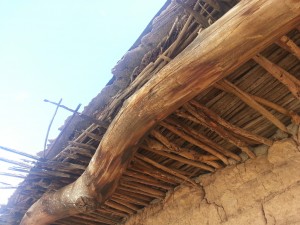 A picture of part of an adobe brick building.