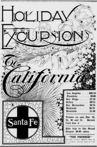 A newspaper ad from the early 1900s, promoting trips on the Santa Fe Railroad to California for the holidays.