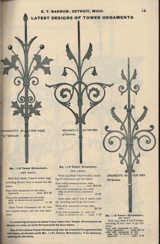 A page from an 1891 catalog, showing the cast iron finial that the Rossons chose to put on the turret of their home. The catalog says it cost $14.50.