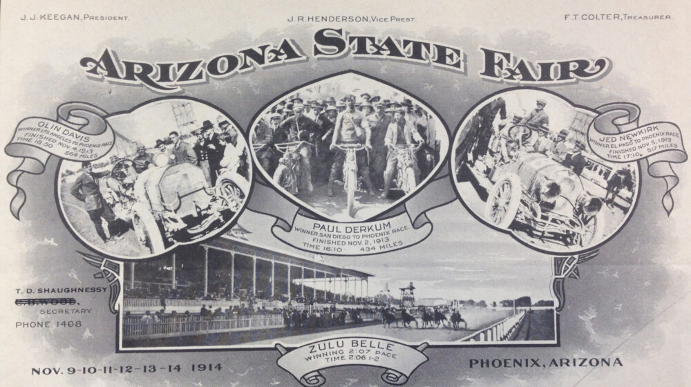 Elaborate letterhead from the 1914 Arizona State Fair, with pictures of the previous year's winners of horse, car, and motorbike races.