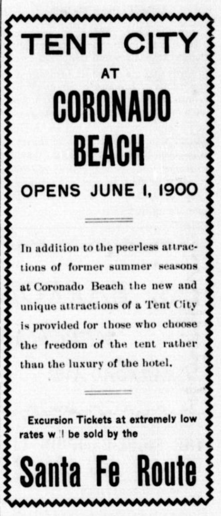 A newspaper clipping from 1900 advertising the tent city at Coronado Beach as an affordable vacation spot.