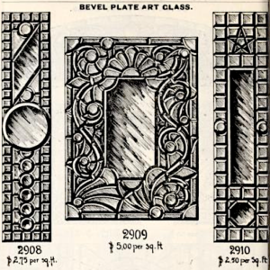 A page from a 19th century window catalog, showing bevel plate art glass windows.