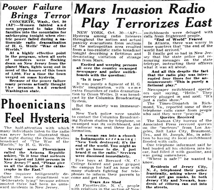 Articles from the Arizona Republic newspaper, October 31, 1938, with the headlines, "Mars Invasion Radio Play Terrorizes East," and "Phoenicians Feel Hysteria," and "Power Failure Brings Terror".
