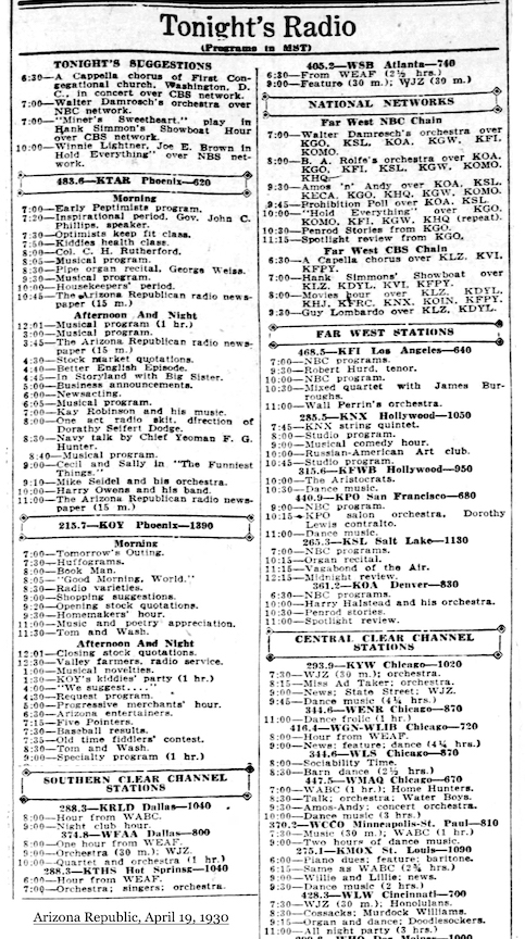 A long list of radio programming for April 19, 1930, from that days edition of the Arizona Republic newspaper.