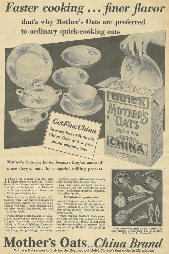 A Quaker Oats ad from the 1930s, with a dish being given away in each box.