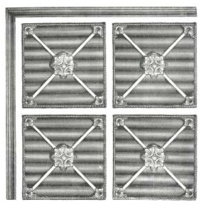 An illustration of a metal ceiling from the 1872 Philadelphia Architectural Iron Company trade catalog, showing a corrugated metal ceiling, with separate decorations attached.
