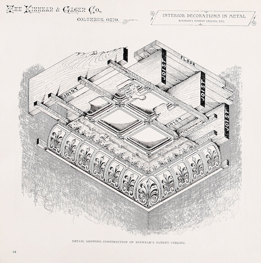 An illustration from the 1890 Kinnear & Gager Company catalog, showing the details of how a metal ceiling woud be installed, with directions.