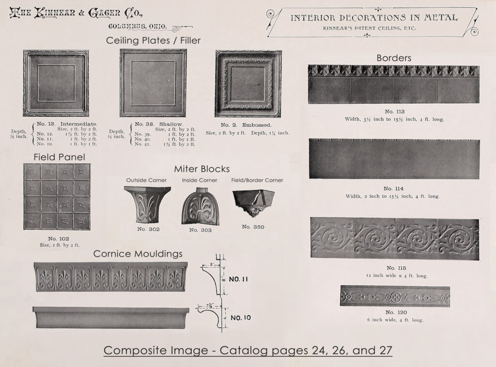 A composite image from the 1890 Kinnear and Gager Company ornamental metal ceiling catalog, with several of the ceiling pieces found at Rosson House.