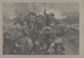 Print shows Chinese immigrant miners working for Union Pacific Coal Company fleeing from armed white miners who blamed the Chinese miners for taking their jobs.