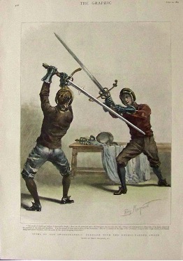 A color drawing or print by Percy Macquoid, captioned "Types of Old Swordsmanship: Exercise with the Double-Handed Sword." 1894. Two men with fencing masks and metal gauntlets (or gloves) are fighting with swords that look just as tall as they are!