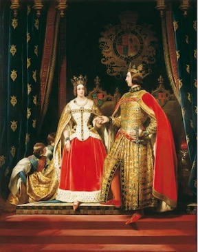 A painting by Sir Edwin Landseer of Queen Victoria and Prince Albert in their crimson and gold medieval costumes.
