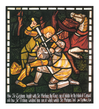 A piece of stained glass, designed by Dante Gabriel Rossetti, titled “The Story of Tristram and Yseult: The Fight with Sir Marhaus” from1862. It depicts two men in suits of armor, fighting with swords.