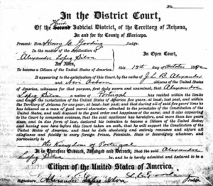 Documento de naturalización de Alex Silva, fechada el 10 de octubre de 1892.