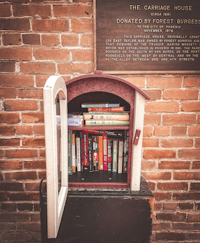 A picture of the Little Free Library located at Heritage Square in downtown Phoenix.