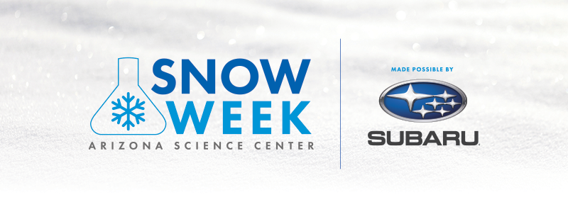 The logo for Arizona Science Center's Snow Week, with the logo of their Snow Week sponsor, Subaru.