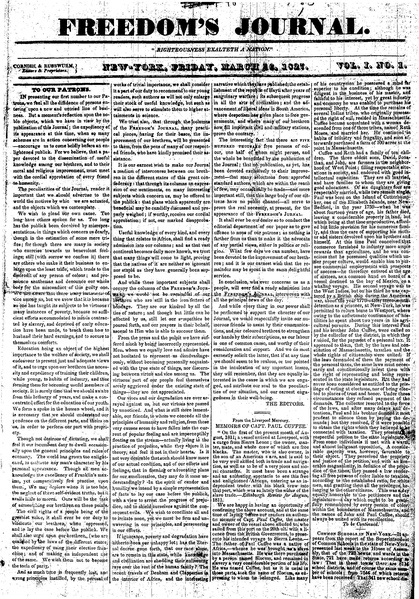 The first issue of Freedom's Journal, dated March 16, 1827.