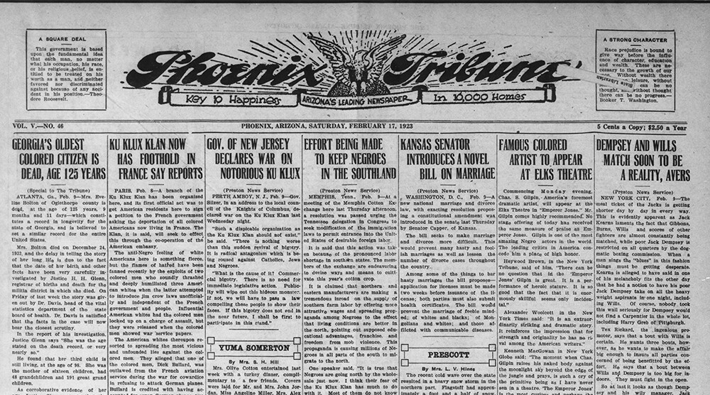 The front page of the Phoenix Tribune, dated February 17, 1923. It mentions national news about racism in the South, fighting the Ku Klux Klan in New Jersey, and more.