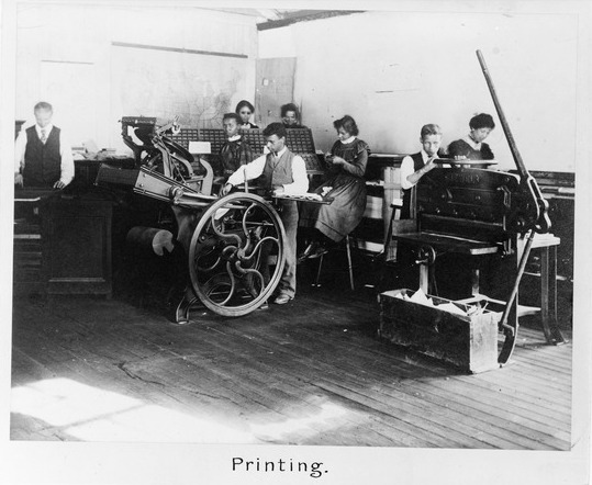 Students working at a printing press at Claflin University, a private, historically black college in Orangeburg, South Carolina.