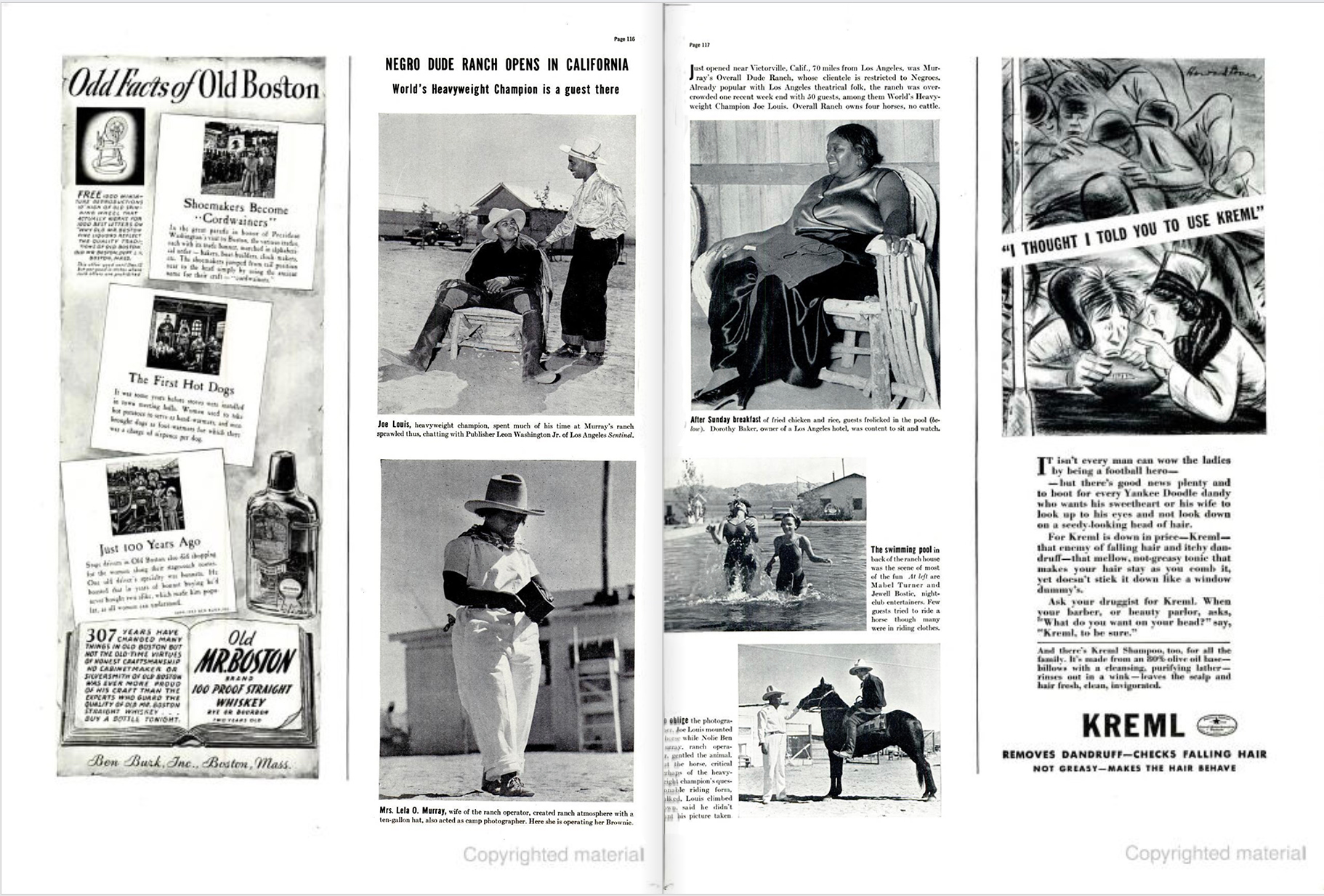 Two pages from Life Magazine, November 15, 1937. They show several pictures of people enjoying themselves at the Murray Ranch, including boxer Joe Louis.
