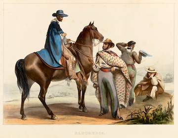 An illustration from 1836, titled Rancheros. It shows four Mexican rancheros or cowboys wearing traditional costume. One is riding a horse.