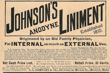A Victorian Era advertisement for Johnson's Liniment, marketing it for external and internal use.