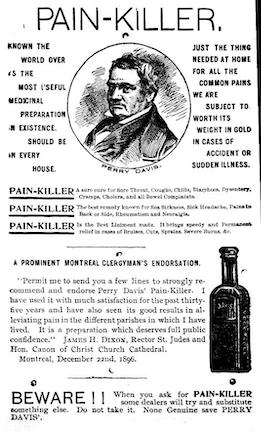 A Victorian Era advertisement for Perry Davis Painkiller, promoting it for a variety of illnesses, including for being seasick and for rheumatism.