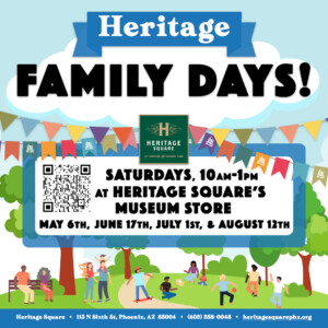 A colorful image promoting Heritage Square's Heritage Family Day events, which include story time, a themed craft, and lawn games. The Text reads, Coming Soon to Heritage Square's Museum Store on select Saturdays.
