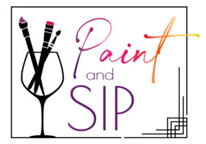 A logo for the Paint and Sip classes, showing an image of a wine glass with paint brushes in it, and the words "Paint and Sip" in multi-colors.