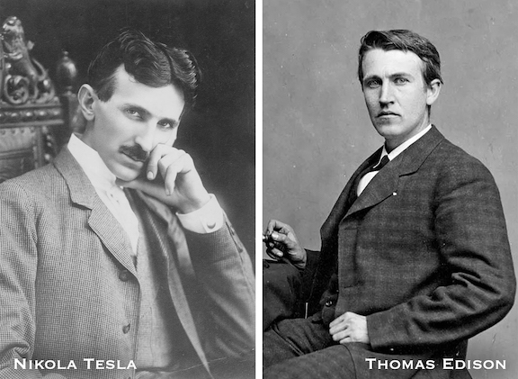 A collage of two black and white photographs - one of Nikola Tesla, and the other of Thomas Edison.
