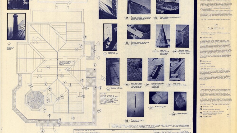 A scan of architectural plans for the repair and restoration of the Rosson House roof, dated to the late 1970s.