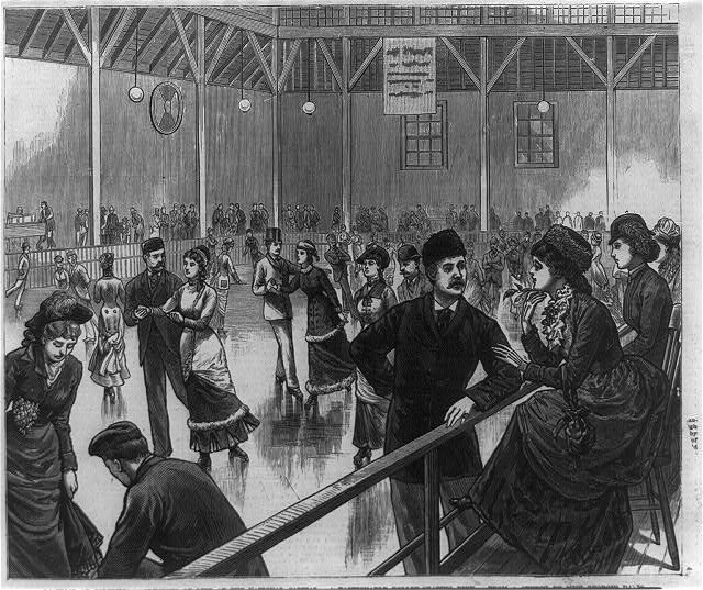 A black and white image of a fashionable roller skating rink in Washington DC in the 1880s.