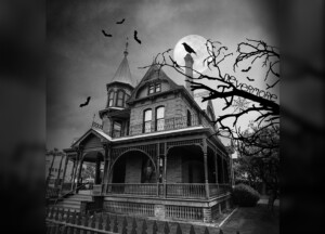 A spooky black and white picture of Rosson House at Halloween.