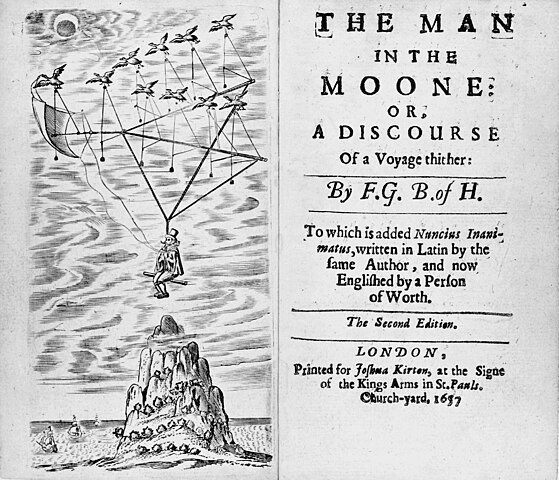 The frontispiece and title page of the second edition of Francis Godwin's book, Man in the Moone.