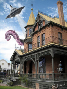 An edited picture of Rosson House at historic Heritage Square, with a science fiction theme. A robot, a ufo, and a giant monster tentacle have been added, along with a few other sci-fi themed things.