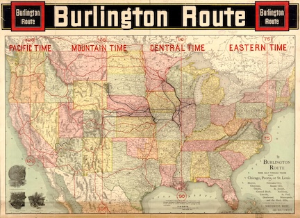 An 1892 railroad map showing the four US railroad time zones.