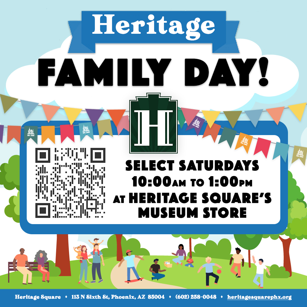 An image promoting Heritage Family Day at Heritage Square's Museum Store.