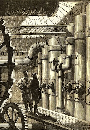 An illustration of the engines of the Nautilus submarine from 20,000 Leagues Under the Sea.