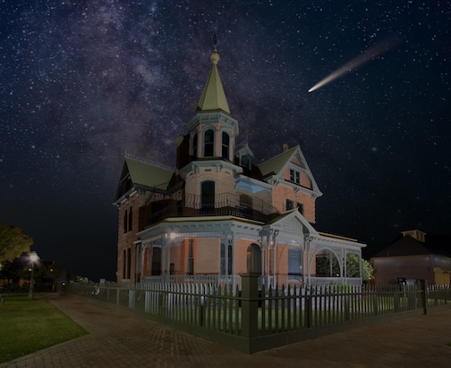 A picture of the Victorian Era Rosson House, photoshopped with a brilliant night sky and shooting star in the background.