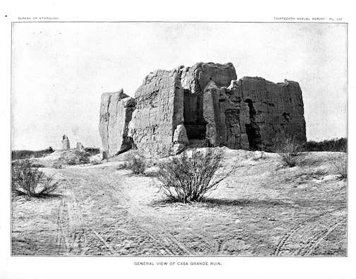 A black and white picture of the Casa Grande ruins in Arizona, circa 1892.