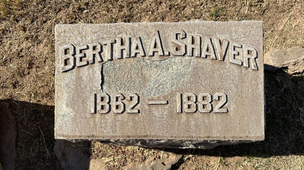 A picture of a horizontal, rectangle-shaped grave marker belonging to Bertha A Shaver, 1862-1882.