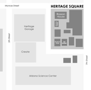 A map showing where buildings are located at Heritage Square.