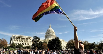A modern day picture of a Pride Rally at the US Capitol Building.