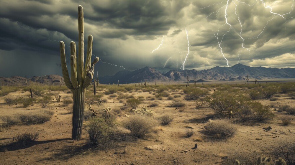 A picture of a desert with cacti and scrub brush, with mountains and a storm in the distance.