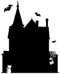 Black and white clipart of Rosson House, with bats, a cat, a spider, and a book.