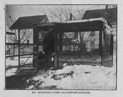 A newspaper clipping showing a man standing next to a small, screened-in sleeping pavilion, with snow on the ground around him.