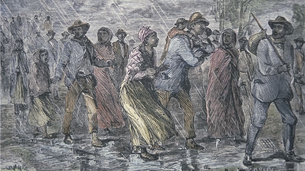 An antique sketch showing a group of people huddled over and walking in the rain.