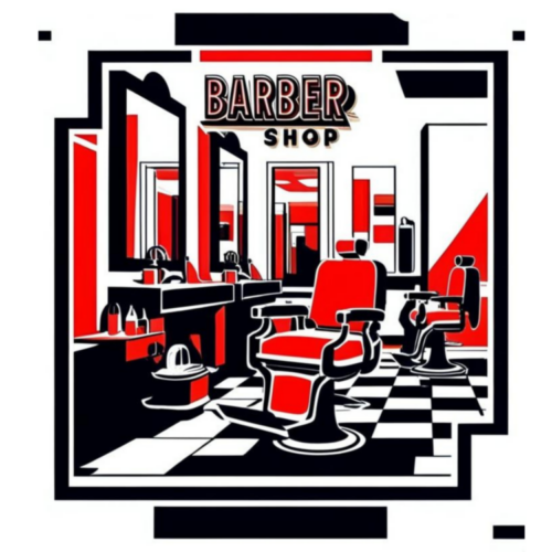 A graphic image showing the inside of a barber shop.